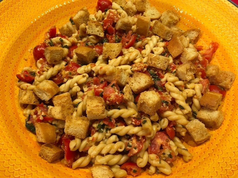 Pasta with Tomato ~ Almond Pesto and Croutons